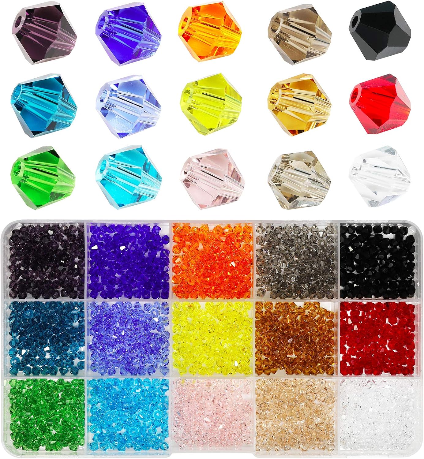 Wholesale 4mm Bicone Faceted Crystal Glass Beads for Jewelry Making DIY Craft Beads for Necklace 15 Colors Mix Lot in Box (Total 1500pcs)