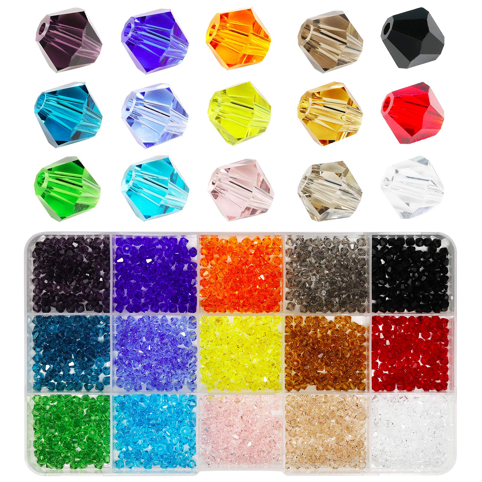Wholesale 4mm Bicone Faceted Crystal Glass Beads for Jewelry Making, DIY Craft Beads for Necklace 15 Colors Mix Lot in Box (Total 1500pcs)