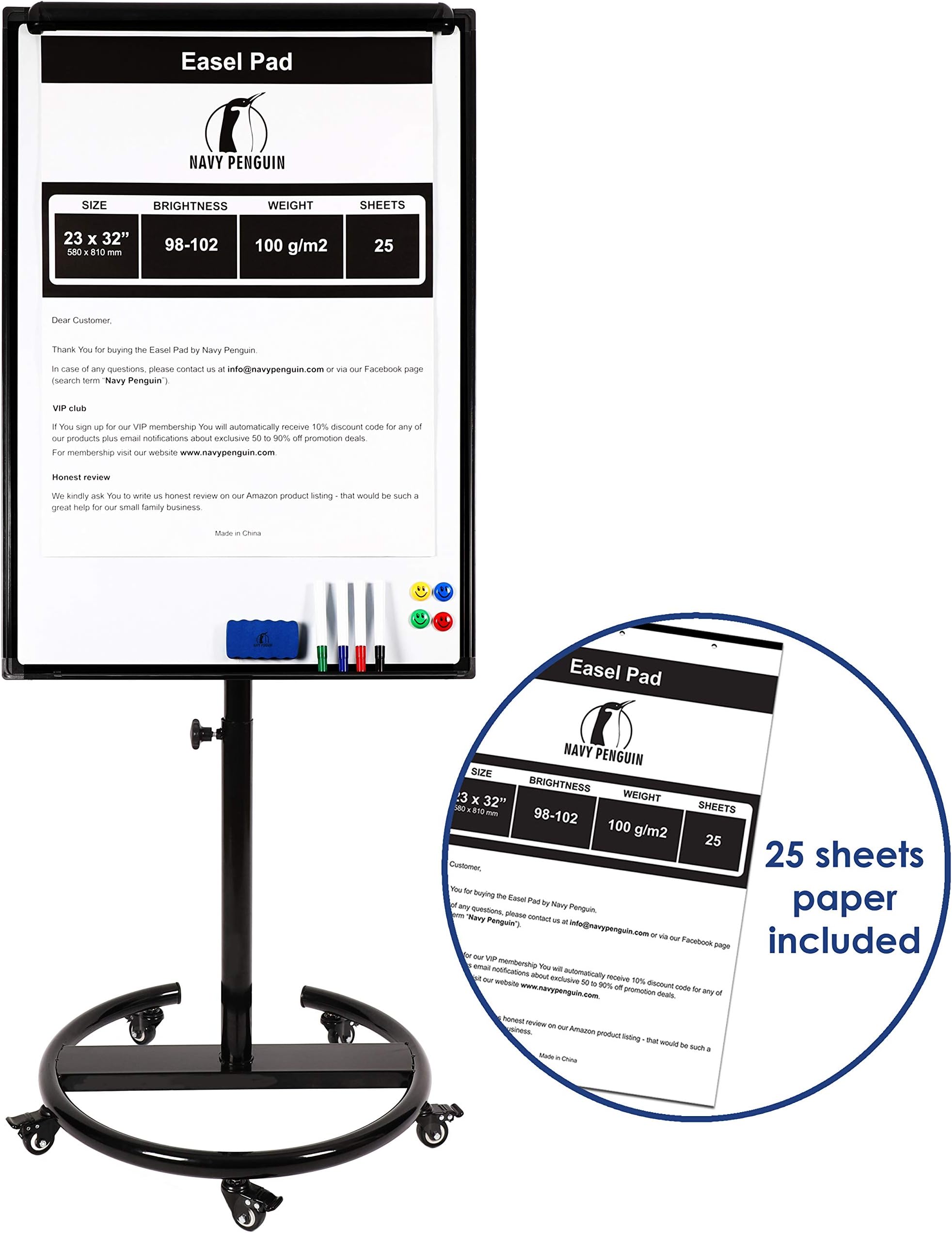 Rolling Whiteboard on Wheels - 40 x 28 in Large Mobile Stand White Board Flip Chart Dry Erase with 1 Magnetic Eraser, 4 Markers, 2 Magnets and 23x32" Flipchart Paper Pack 25 pcs - for Home and Office