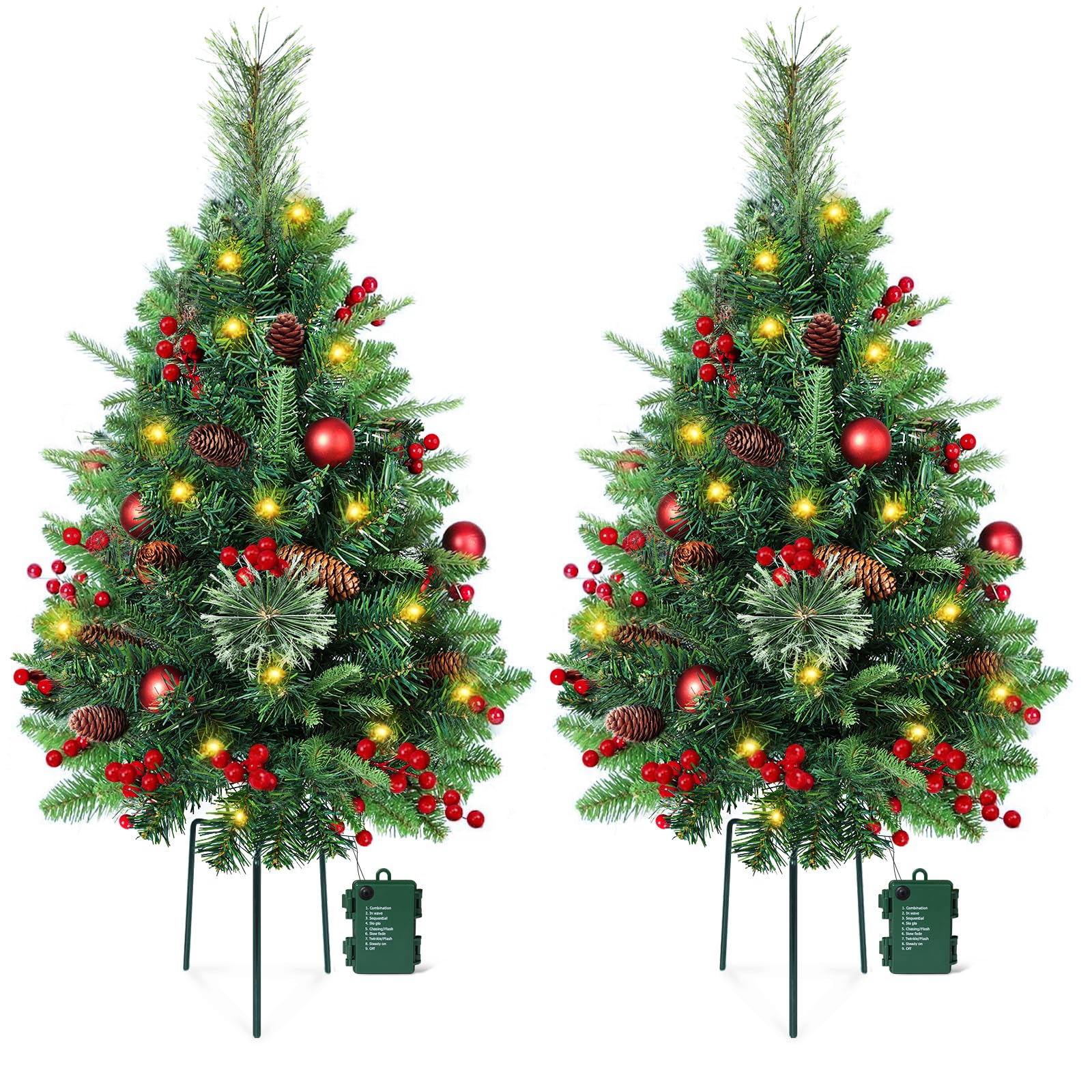Photo 1 of 2 Set 30 Inch Outdoor Christmas Tree with LED Lights, Battery Powered & 6H Auto Timer, 8 Modes, Prelit Christmas Tree with Pine Cones Red Berries and Ball, Holiday Decor for Porch Yard Patio Pathway