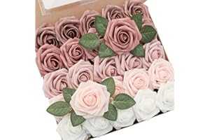 Floroom Artificial Flowers 25pcs Real Looking Dusty Rose Ombre Colors Foam Fake Roses with Stems for DIY Wedding Bouquets Bridal Shower Centerpieces Floral Arrangements Party Tables Home Decorations