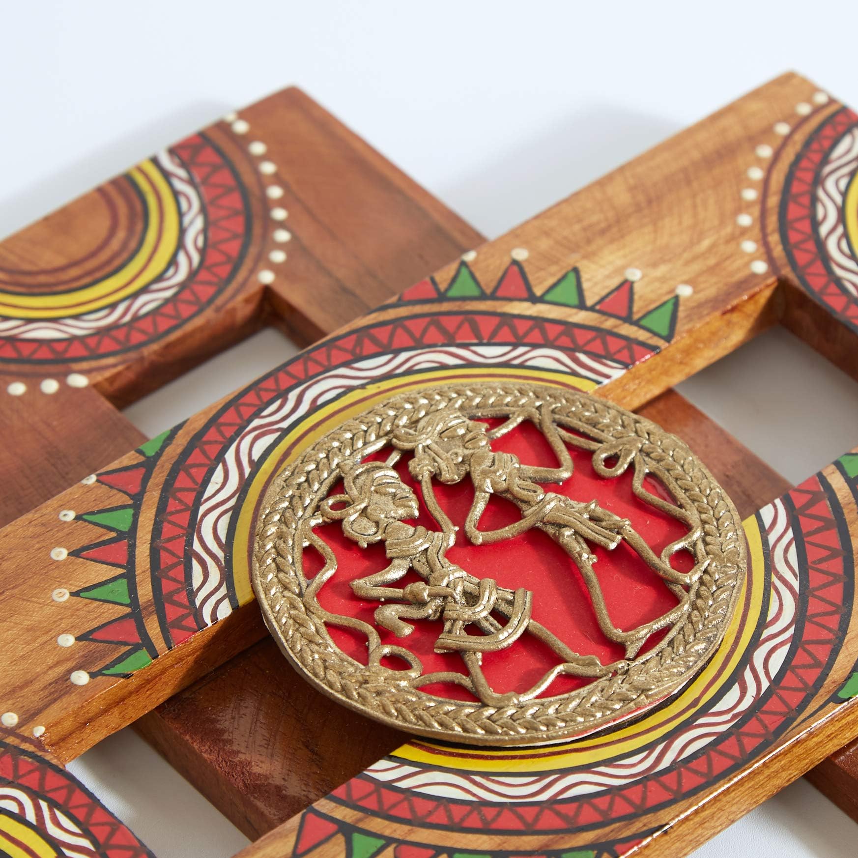Handpainted Round Dhokra Art Wooden Home Decorative Key Hanger (4 Hooks) Wall décor for Living Room.