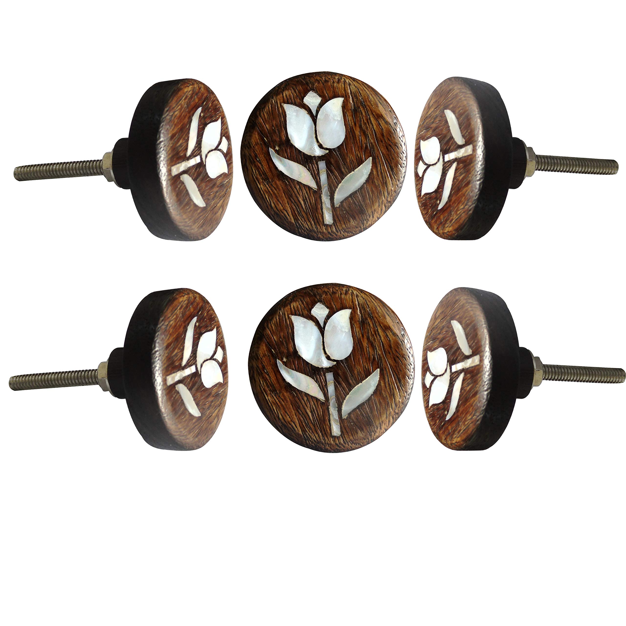 Perilla Home Set of 6 MOP Tulip Flower Wooden Knob Decorative Antique Pull for Drawer Cupboard Cabinet Drawer Dresser Bedroom Kids Room Bathroom Kitchen Wardrobe Dresser