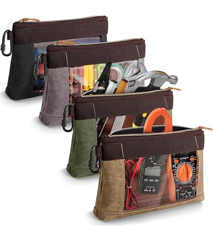 4 Pack Heavy Duty Tool Pouch With Carabiner, 12" Canvas Tool Pouch Bag With Clear Window 4 Colors Black Gray Green Khaki Tools
