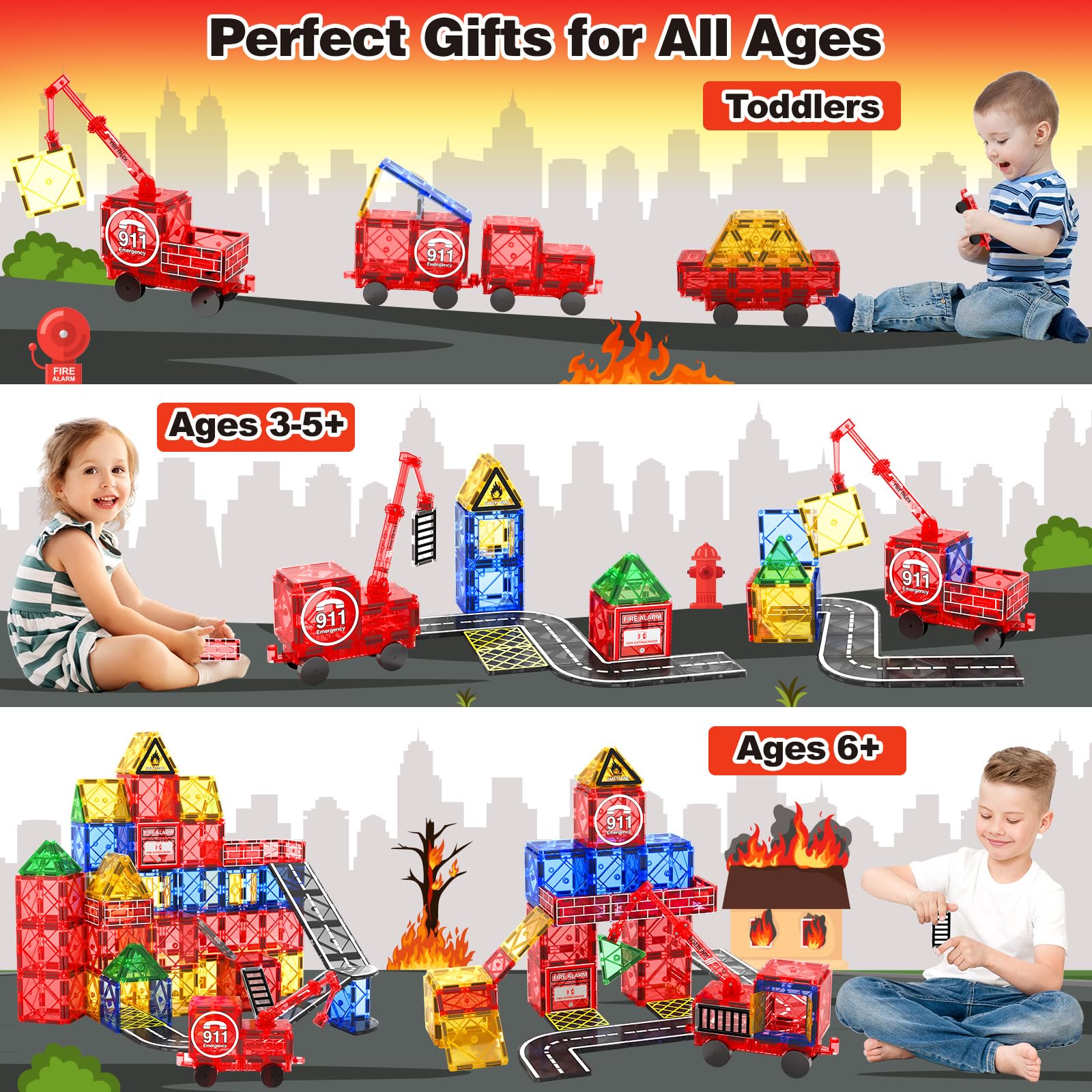 Magnetic Tiles Road Set with Magnetic Crane Edition, Magnet Building City Fire Kids Car Toys for 3 4 5 6 7 Years Old Boys Girls, Magworld Kids Games Construction STEM Toys for Boys Gifts