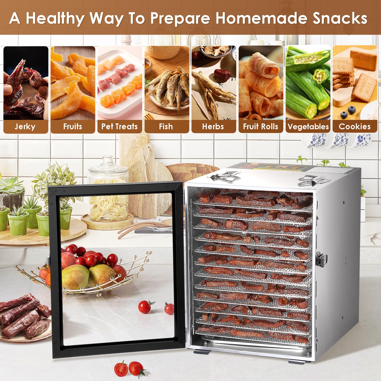 Food Dehydrator Machine 12 Stainless Steel Trays, 800W Power Dehydrators for Herb, Jerky Dehydrator for Meat, Fruit, Pet Treats, Vegetables, 194ºF Temperature Control, 24H Timer