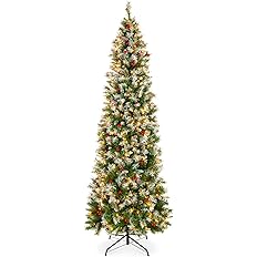 Photo 1 of Best Choice Products 7.5ft Pre-Lit Pencil Christmas Tree, Partially Flocked Pre-Decorated for Home, Skinny Frosted Holiday Tree w/ 1,075 Tips, 350 Lights, Pine Cones,Red Berries , Foldable Metal Hinges & Base
