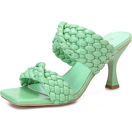 Women's Stiletto Mules Sandals Slip On Square Open Toe Dress Backless Heeled Slippers High Heel Slides