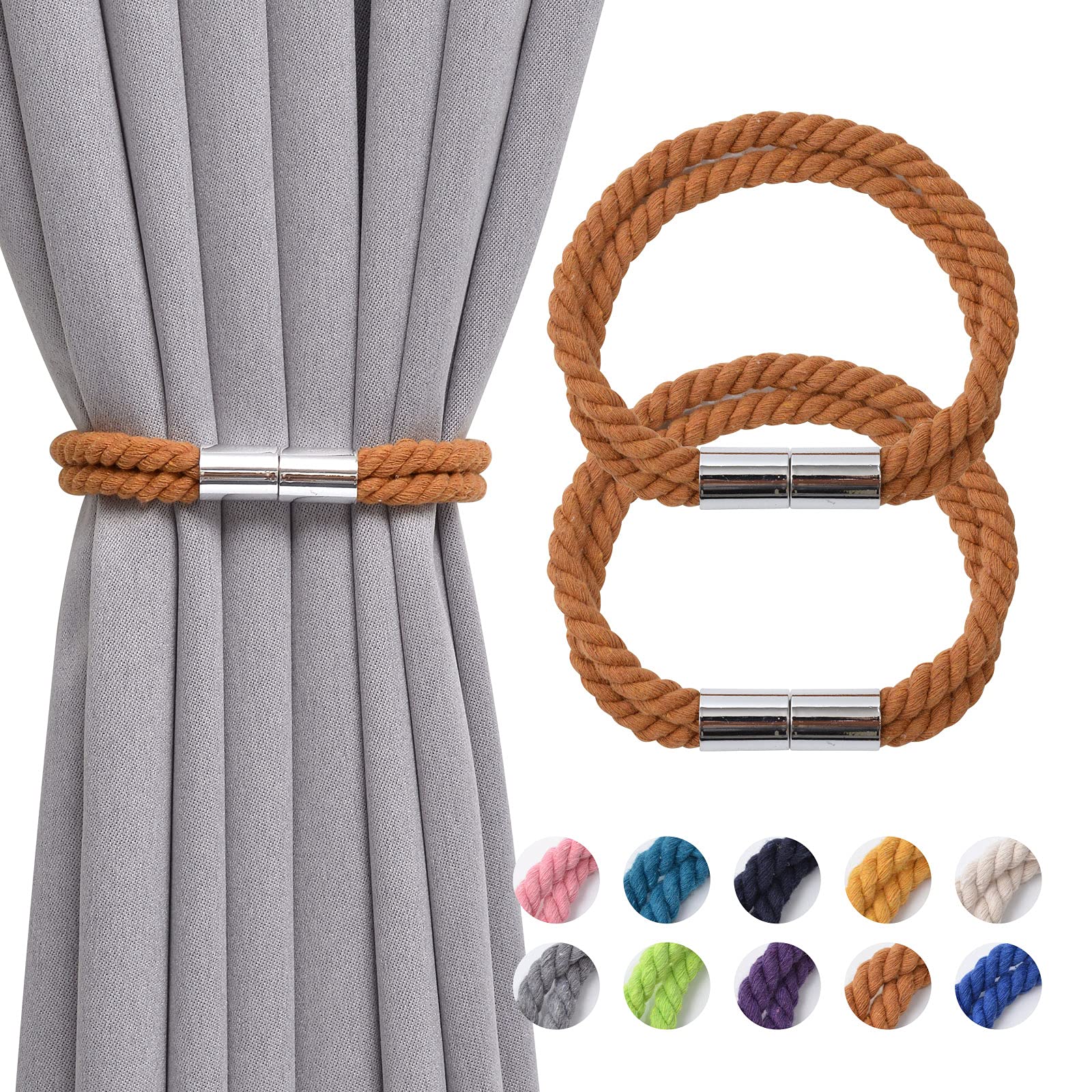Pretty Jolly 2 Pack Strong Magnetic Curtain Tiebacks Boho Decoration Drape Tie Backs Natural Cotton Handmade Double Rope Curtain Holdbacks for Thin or Thick Home & Office Window Drapery (Coffee) — image 1