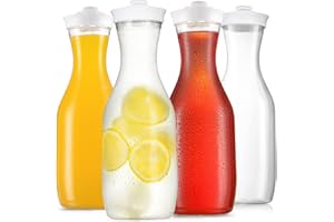NETANY 50 Oz Water Carafe with Flip Top Lid, Clear Plastic Pitcher Jug, 4 Pack Juice Containers, BPA Free - for Water, Iced Tea, Juice, Lemonade, Milk, Cold Brew, Mimosa Bar —HAND WASH ONLY