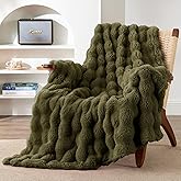 EXQ Home Rabbit Faux Fur Throw Blanket for Couch,Soft Fluffy Bubble Double Sided Plush Blanket,Cozy Thick Warm Fuzzy Decorative Blanket for Bed Chair Sofa Living Room, 50x60 Inches (Dark Green)