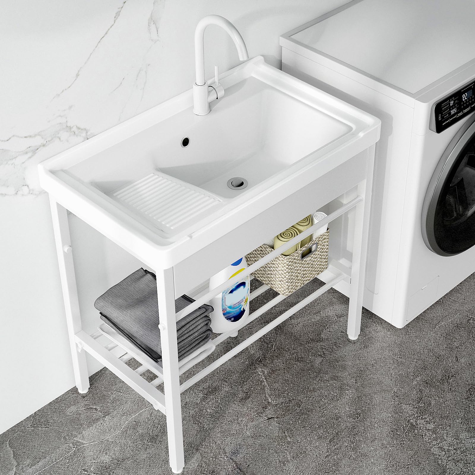 Photo 1 of GGW Freestanding Laundry Sink, Ceramic Utility Sink with Washboard and Faucet, Laundry Tub for Laundry Room, Garage, Basement, Outdoor and Indoor, 28.3"W x 19"D x 32.3"H, White