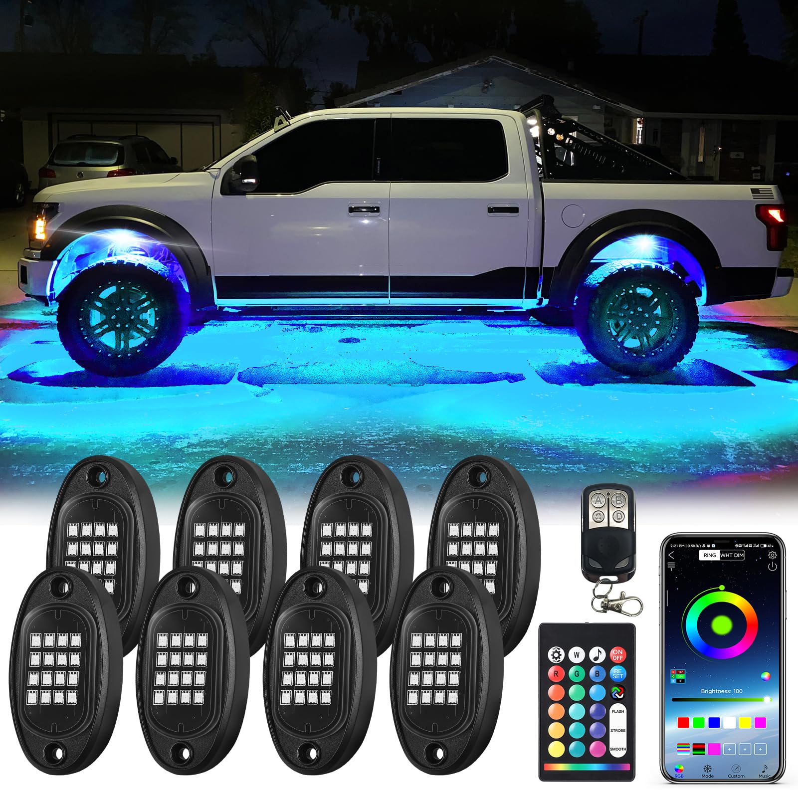 LD DARKEAGLE 8Pods RGB LED Rock Lights with APP/RF