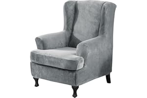 CZL Velvet Plush Wingback Chair Slipcover 2 Piece, Soft Stretch Wing Chair Slipcovers for Wingback Chairs T Cushion Armchair Protector, Wingback Chair Covers with Elastic Bottom, 1 Set