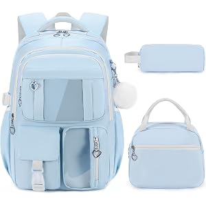 Tecoloy Backpack for Girls, Girls Backpack with Lunch Box & Pencil Case Set, 3PCS Kids Bookbag for Girl Teens, Waterproof Sch