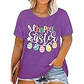 Plus Size Easter Day Shirt for Women Mama Bunny Eggs Happy Easter Printed T-Shirt Short Sleeve Graphic Tee Tops