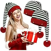Breffima Christmas Knitted Beanie Hat Elf Stripes Cap with Pompom Balls Xmas Crochet Knit Santa hats for Women Men Family