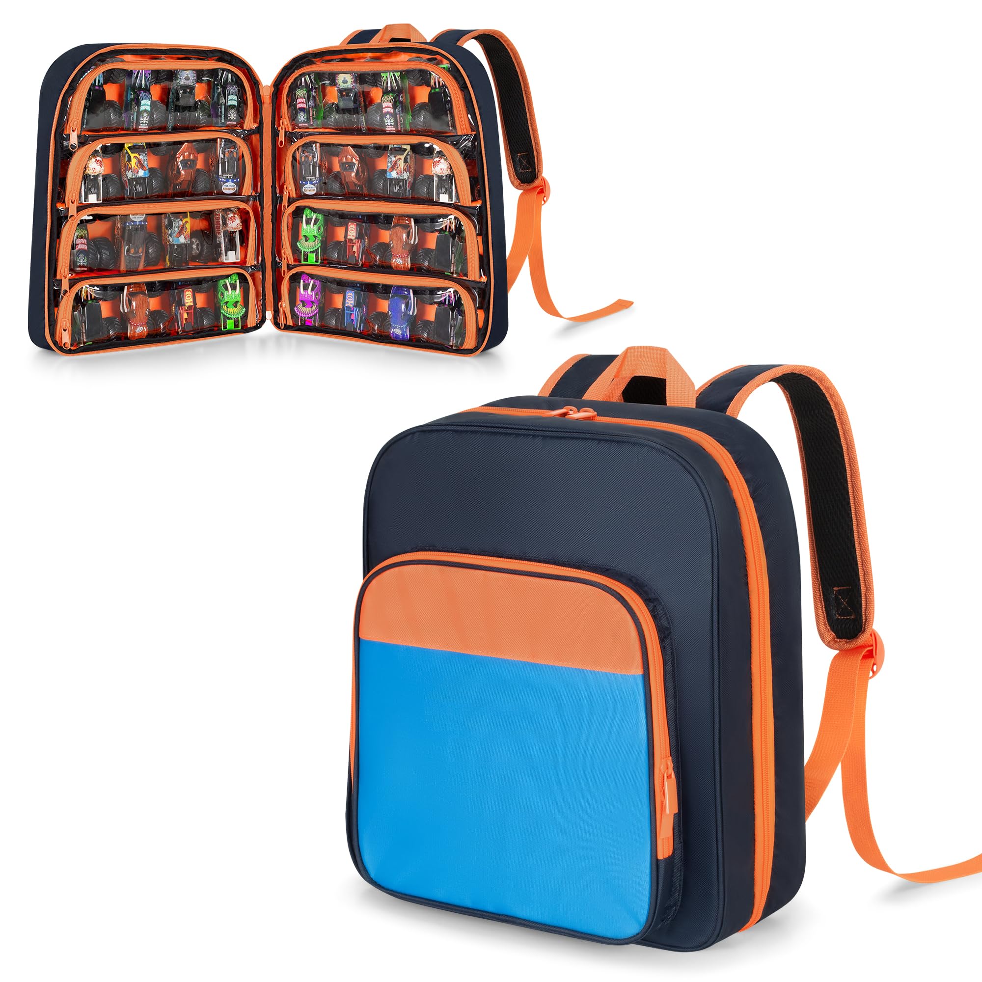 Photo 1 of CURMIO Toy Cars Storage Backpack Compatible with Monster Jam Trucks/Hot Wheels 1:64 Scale Monster Trucks, Portable Carrying Case Bag with Front Pocket for Monster Truck, Dark Blue (Bag Only)