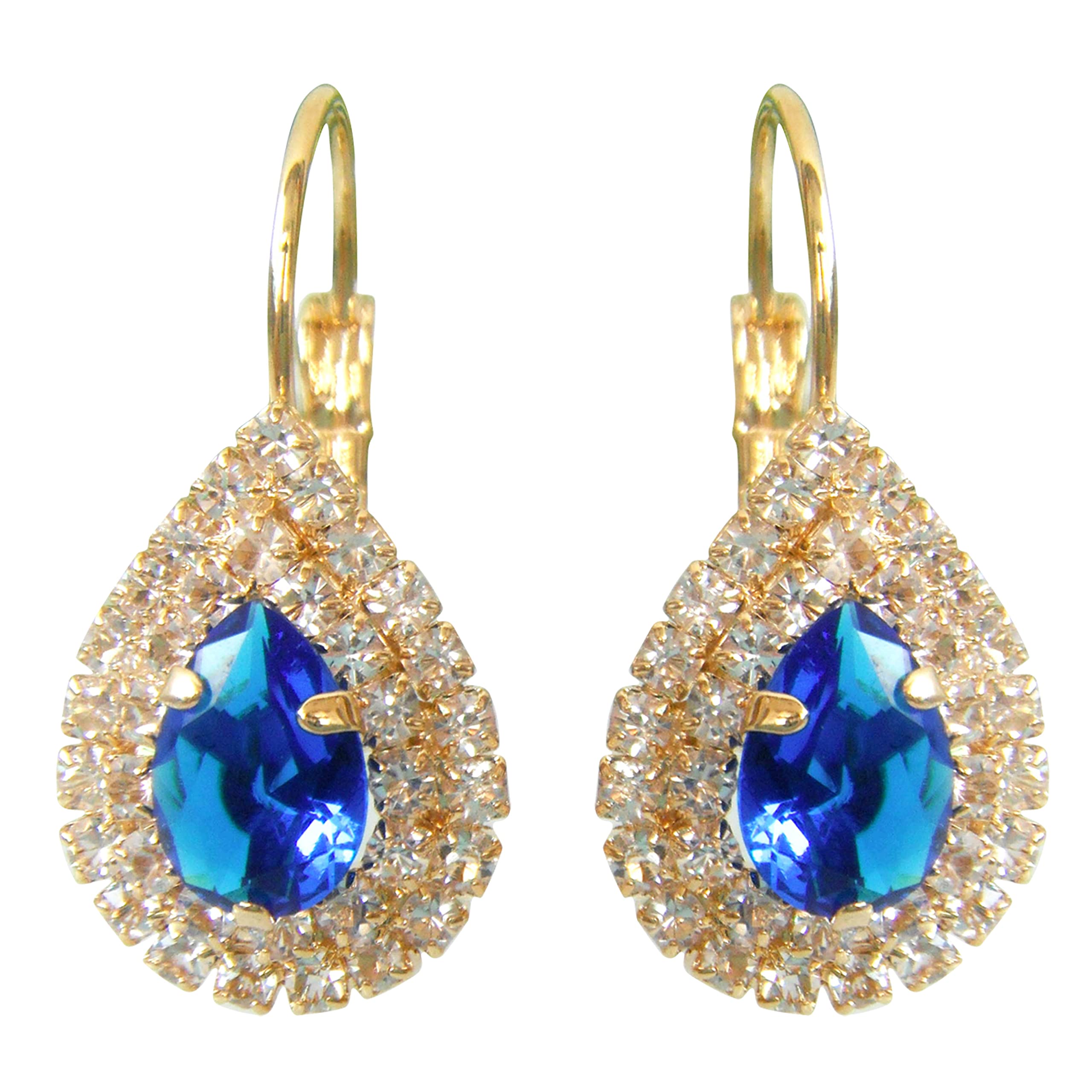 Navachi 18k Gold Plated Pear-Shape Blue Zircon White Crystal Hoop Az2678e Leverback Earrings