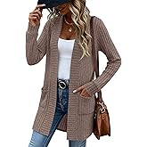 Velvelhall Women's Long Cardigan Sweater with Patch Pockets, Open Front Long Sleeve Lightweight Loose Ribbed Knit Coatigan