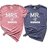 Customizable Mr and Mrs Shirts, Wedding and Honeymoon Shirts, Just Married Couple Matching Outfits, Custom Established Date Graphic Tee, Newlyweds Wifey Hubby Wedding Gift Idea Multi-Color