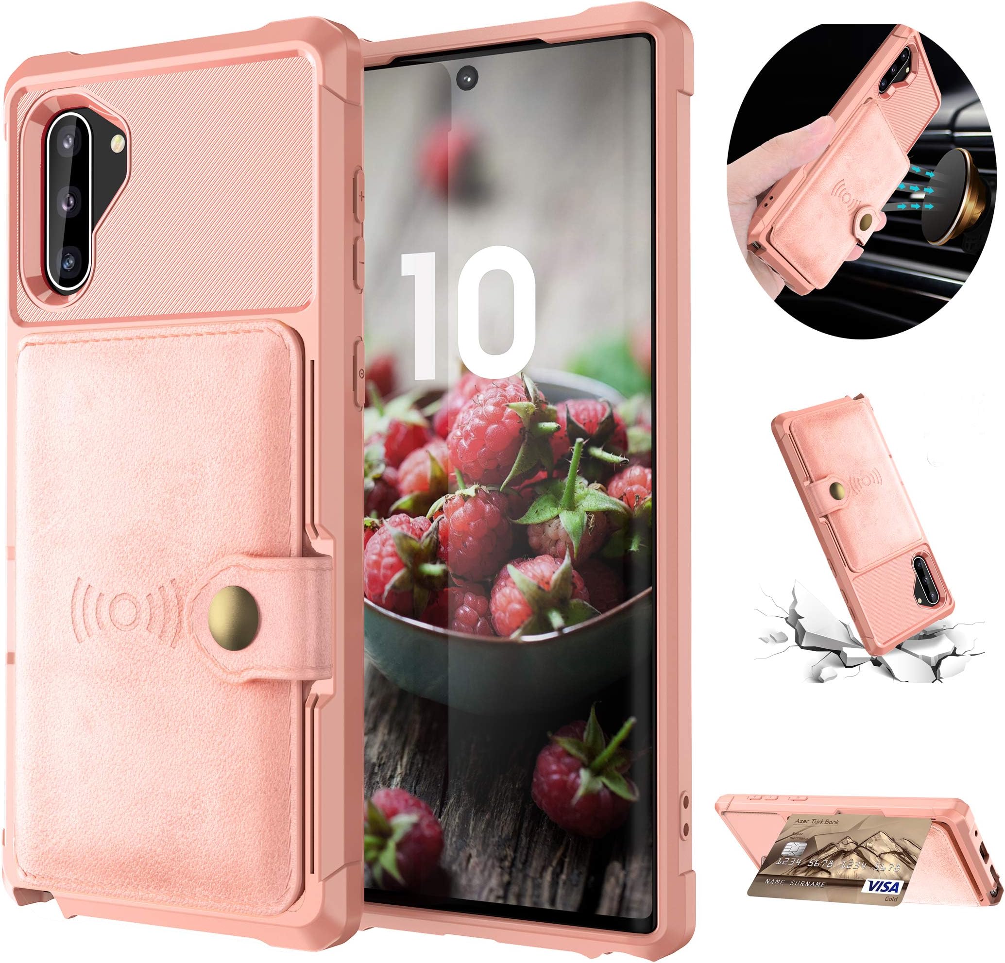 Tznzxm Galaxy Note 10 Wireless Charging Wallet Case with Credit Card Kickstand Rubber Buttons [Work with Magnetic Car Mount] Durable Flip Shockproof Protective Cover for Samsung Galaxy Note 10 Pink