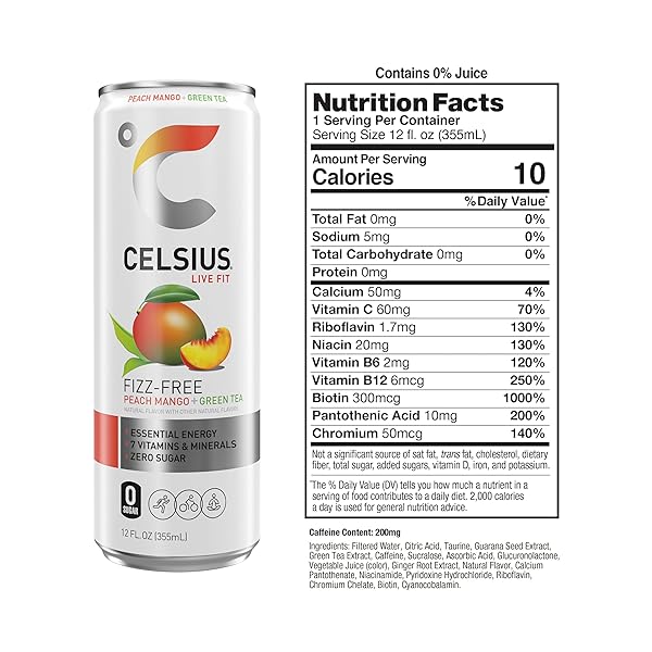 CELSIUS PEACH MANGO GREEN TEA, FUNCTIONAL ESSENTIAL ENERGY DRINK 12 FL OZ (PACK OF 12)