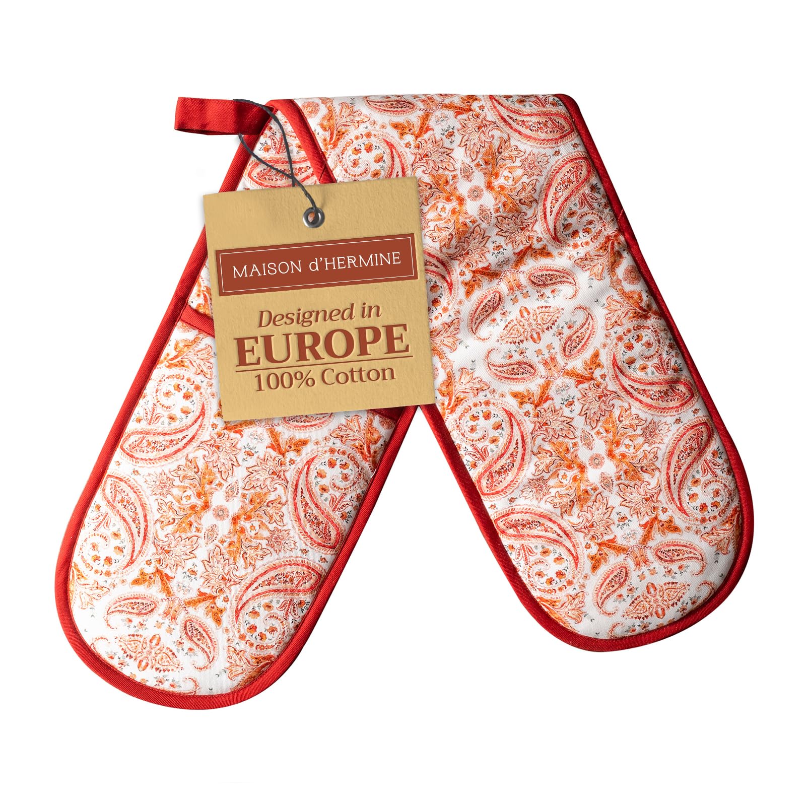 Maison d' Hermine Double Oven Mitt (18 cm x 89 cm) 100% Cotton Heat Resistant BBQ Cooking Gloves with Loop for Christmas Decorations Baking Cooking Barbeque Handling Hot Pan (Orient)