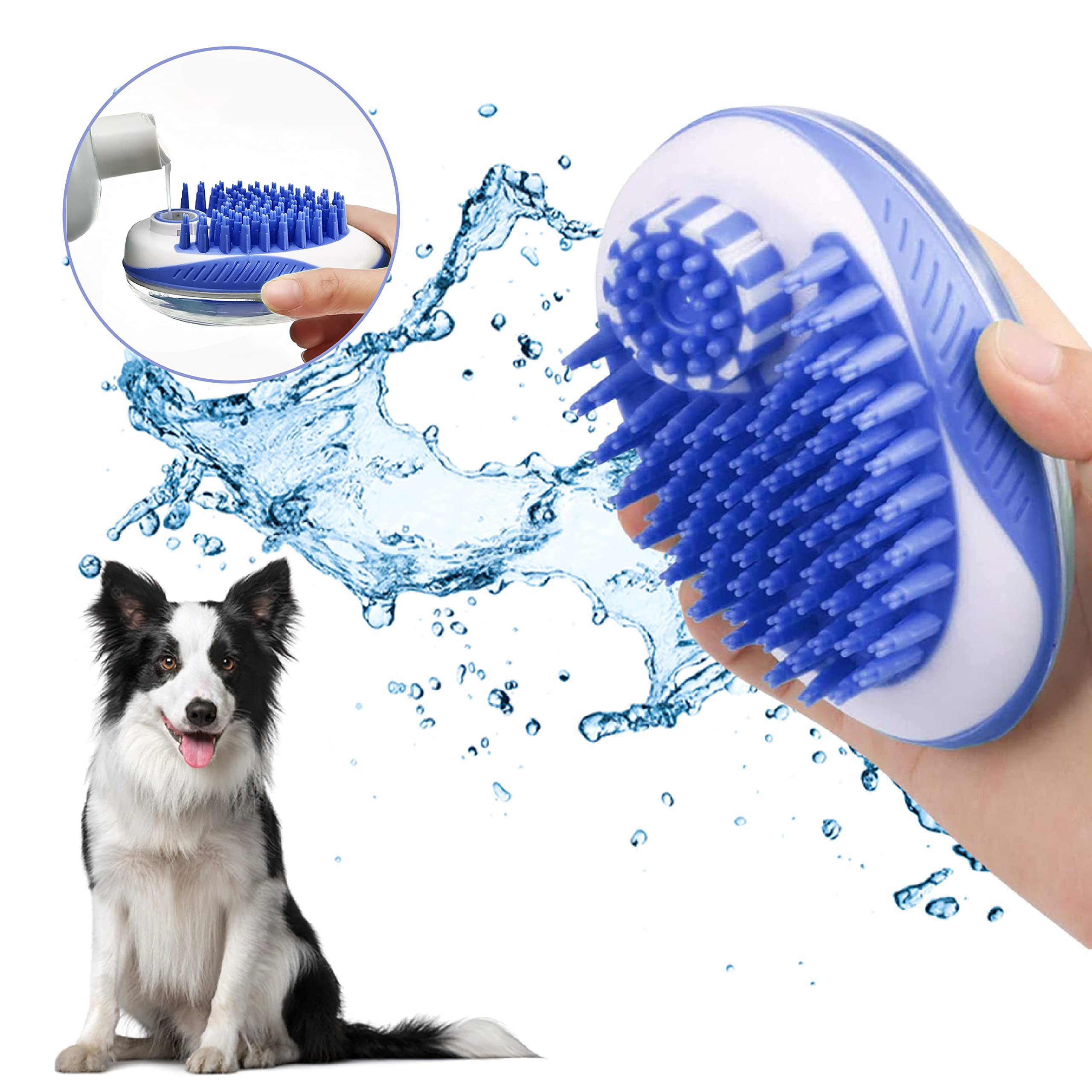 Fur Magic Dog Bath Shower Brush, Pet Grooming and Massage Brush with Shampoo Dispenser for Long and Short Haired Dogs, Blue