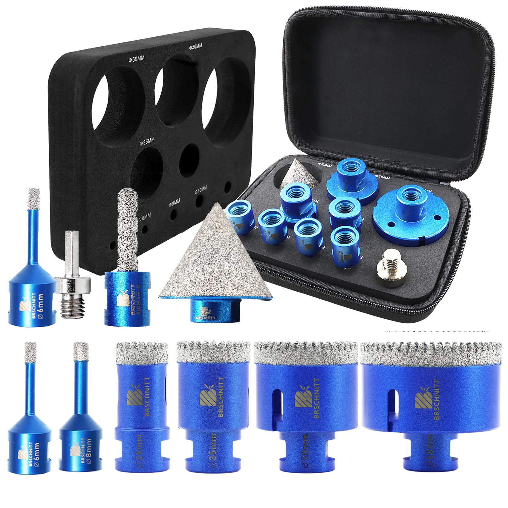 Diamond Core Drill Bit Set- BRSCHNITT 10pcs 6/6/8/25/35/50/68mm Tile Hole Saw Kit Diamond for Porcelain Tile Ceramic Marble Granite Drilling,Finger Chamfer Bit M14 thread