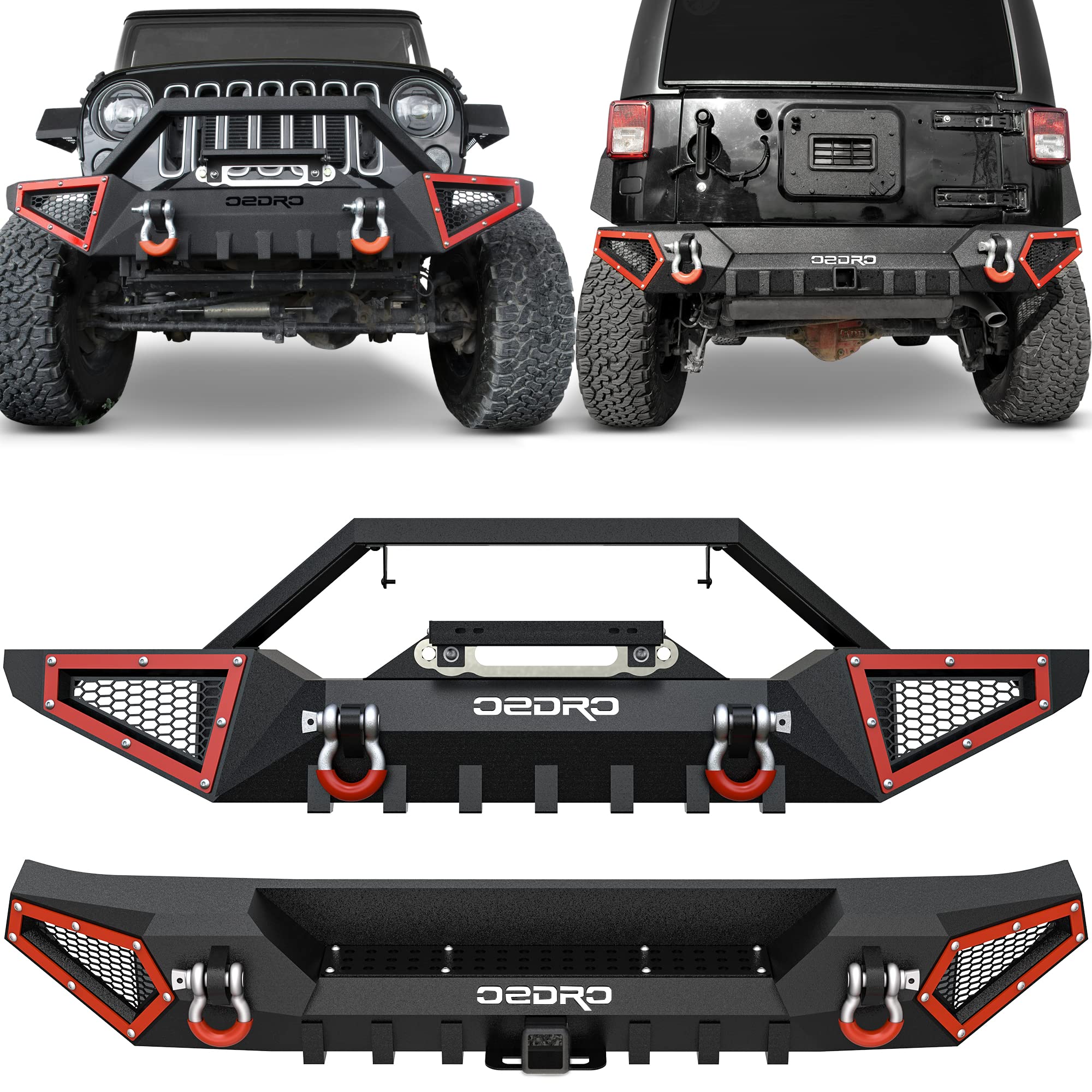 OEDRO Front and Rear Bumper Compatible with 2007-2018 Jeep Wrangler JK & Unlimited JKU (2/4 Doors), Rock Crawler Off Road Full Width Bumper w/Winch Plate Mounting & D-Rings & Hitch Receiver Image