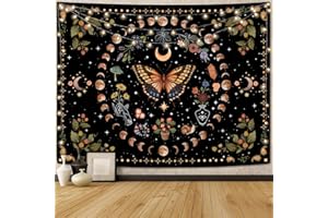 Aipon Yellow Butterfly Moon Flower Tapestry Botanical Floral Plant Boho Tapestry for Bedroom Aesthetic Vintage Tapestries Wall Hanging for Living Room Dorm (36.00'' × 48.00'', Yellow)