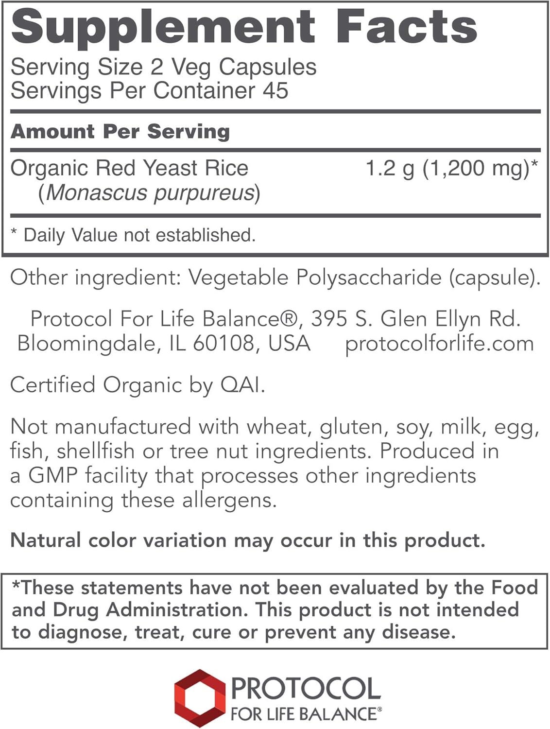 Protocol For Life Balance - Red Yeast Rice Extract 600 mg - Traditional Supplement Used for Cardiovascular Support and Healthy Cholesterol Promotion - 90 Veg Capsules: Health & Personal Care