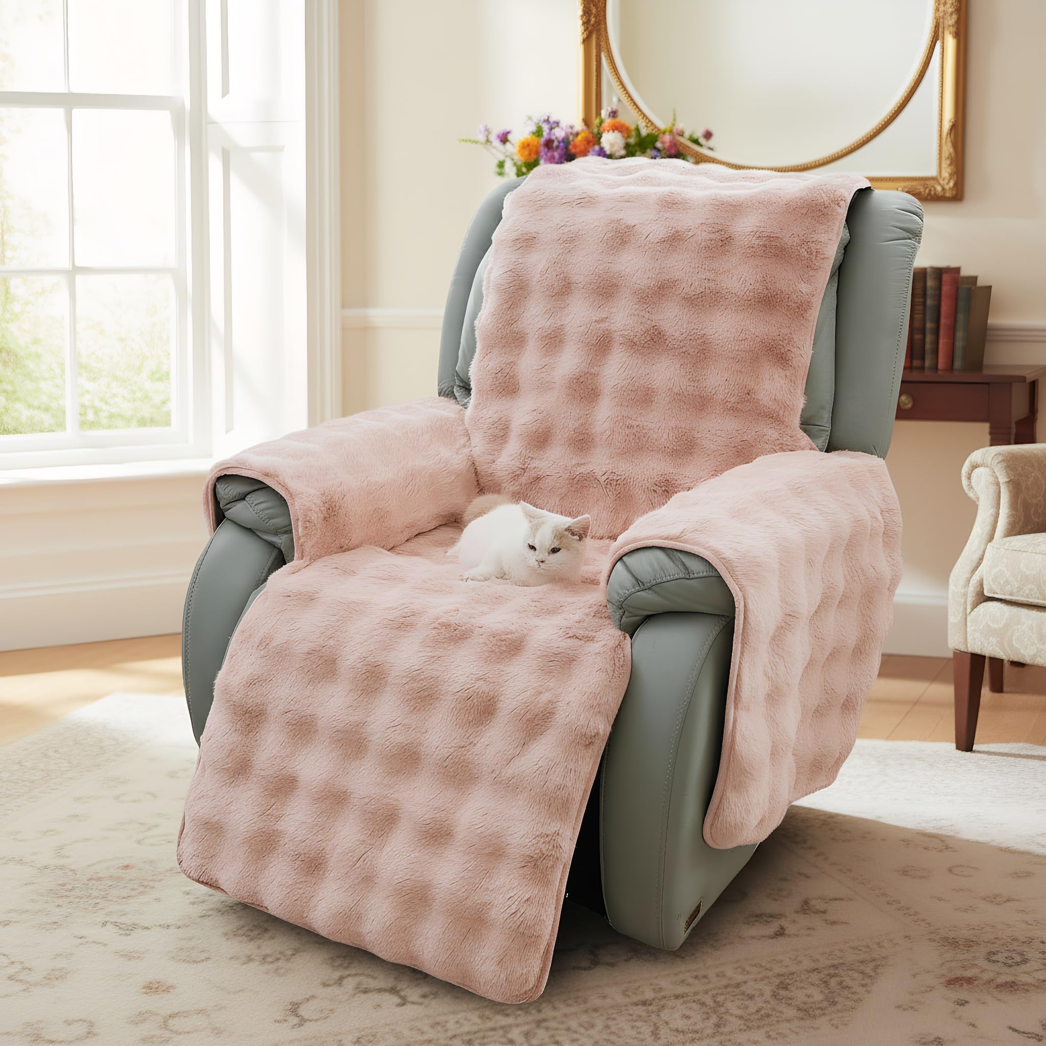 LiveGo Thick Rabbit Plush Recliner Chair Cover - 23 Inch Faux Rabbit Fur Slipcover for Recliner Chairs, Soft & Plush Furniture Protector, Cozy Lazy Boy Recliner Cover for Living Room & Bedroom