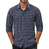 PJ PAUL JONES Mens Dress Shirts Cotton Long Sleeve Button Down Shirts Business Casual Plaid Tops with Pocket