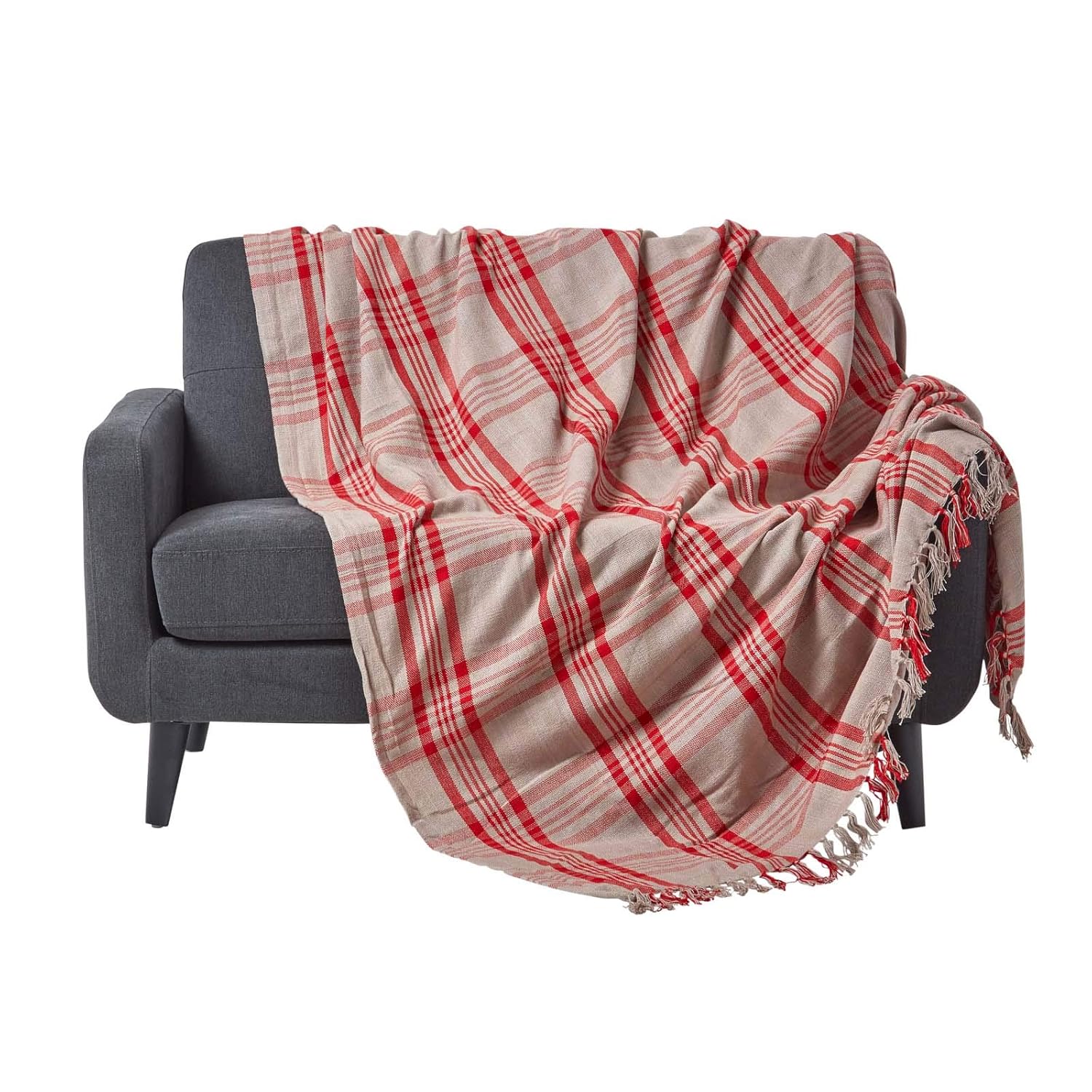 Homescapes Medium Grey & Red Tartan Throw 60 x 80 Inches or 152cm x