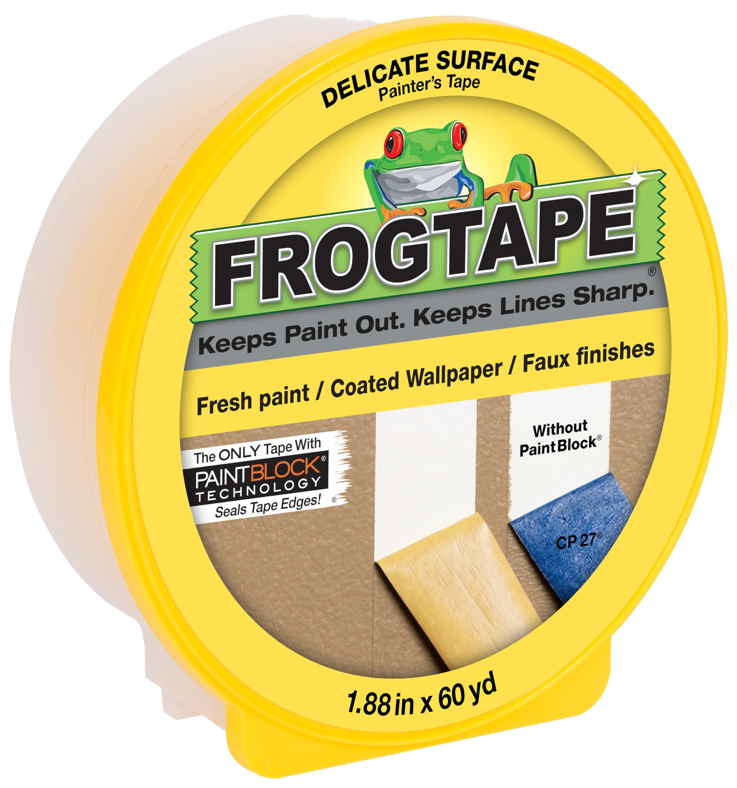 Photo 1 of FrogTape Delicate Surface Painters Tape with PAINTBLOCK, 2 Inch Wide (1.88 In. x 60 Yds), Low Adhesion, Ideal for Freshly Painted Walls, Trim & Surfaces, Yellow, 1 Roll (280222)