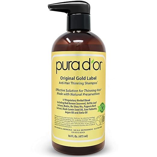 PURA D'OR Original Gold Label Anti-Thinning Shampoo Clinically Tested, Infused with Argan Oil, Biotin & Natural Ingredients, Sulfate Free, All Hair Types, Men and Women, 16 Fl Oz (Packaging may vary)
