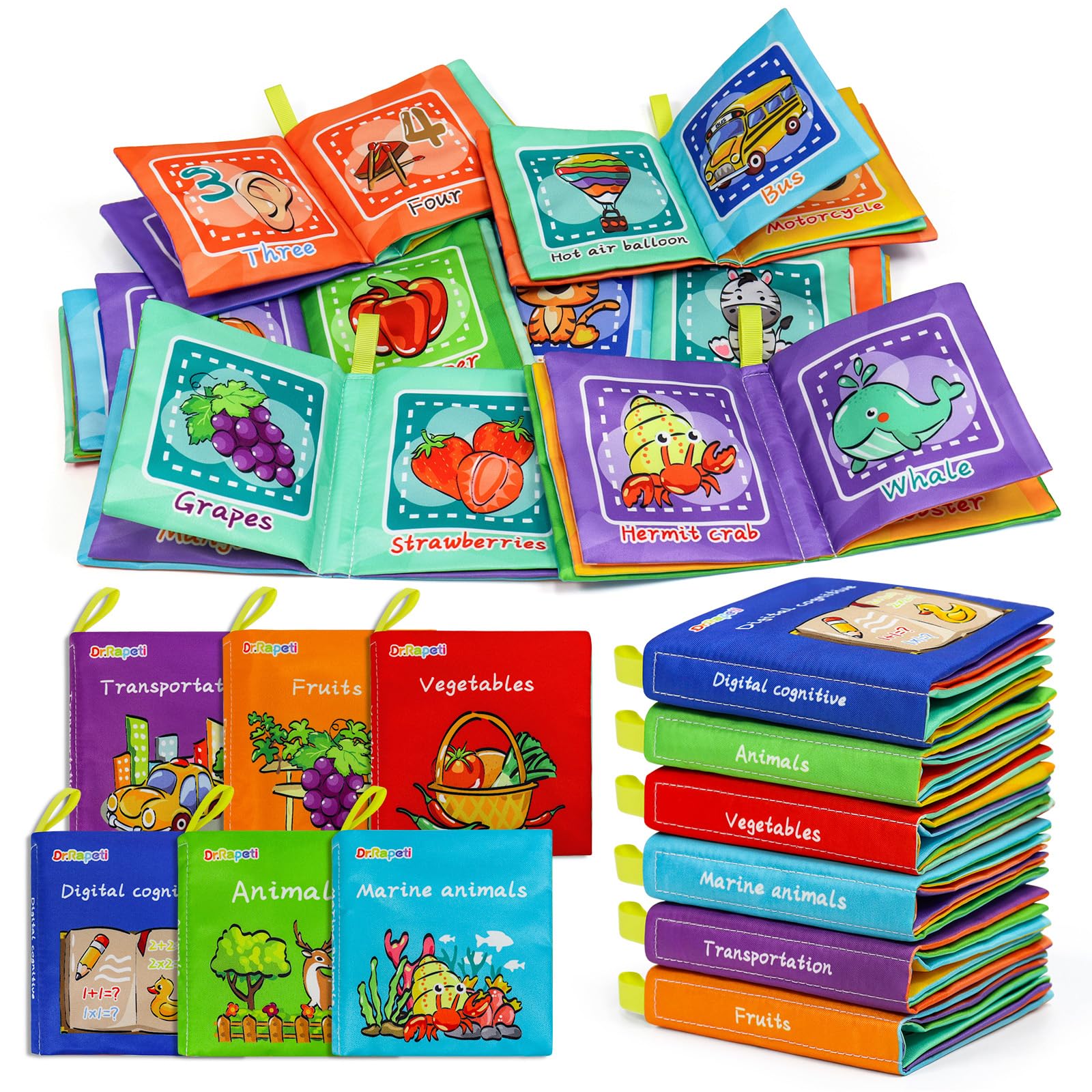 Photo 1 of Dr.Rapeti Soft Cloth Books Baby Books Bath Books 6-Pack for Baby Infant Toddler Kids Crinkle Squeaky Washable Chewable Non-Toxic Early Educational Giftable