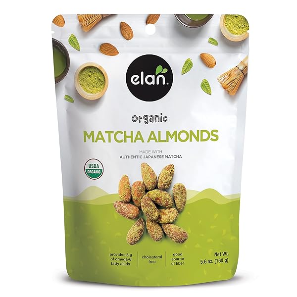 ELAN ORGANIC MATCHA ALMONDS, 5.6 OZ, NON-GMO, GLUTEN-FREE, VEGAN, KOSHER, SUPERFOOD INFUSED NUTS (ROASTED ALMONDS, COCONUT, MATCHA GREEN TEA POWDER), SOURCE OF ANTIOXIDANTS (VITAMIN A)
