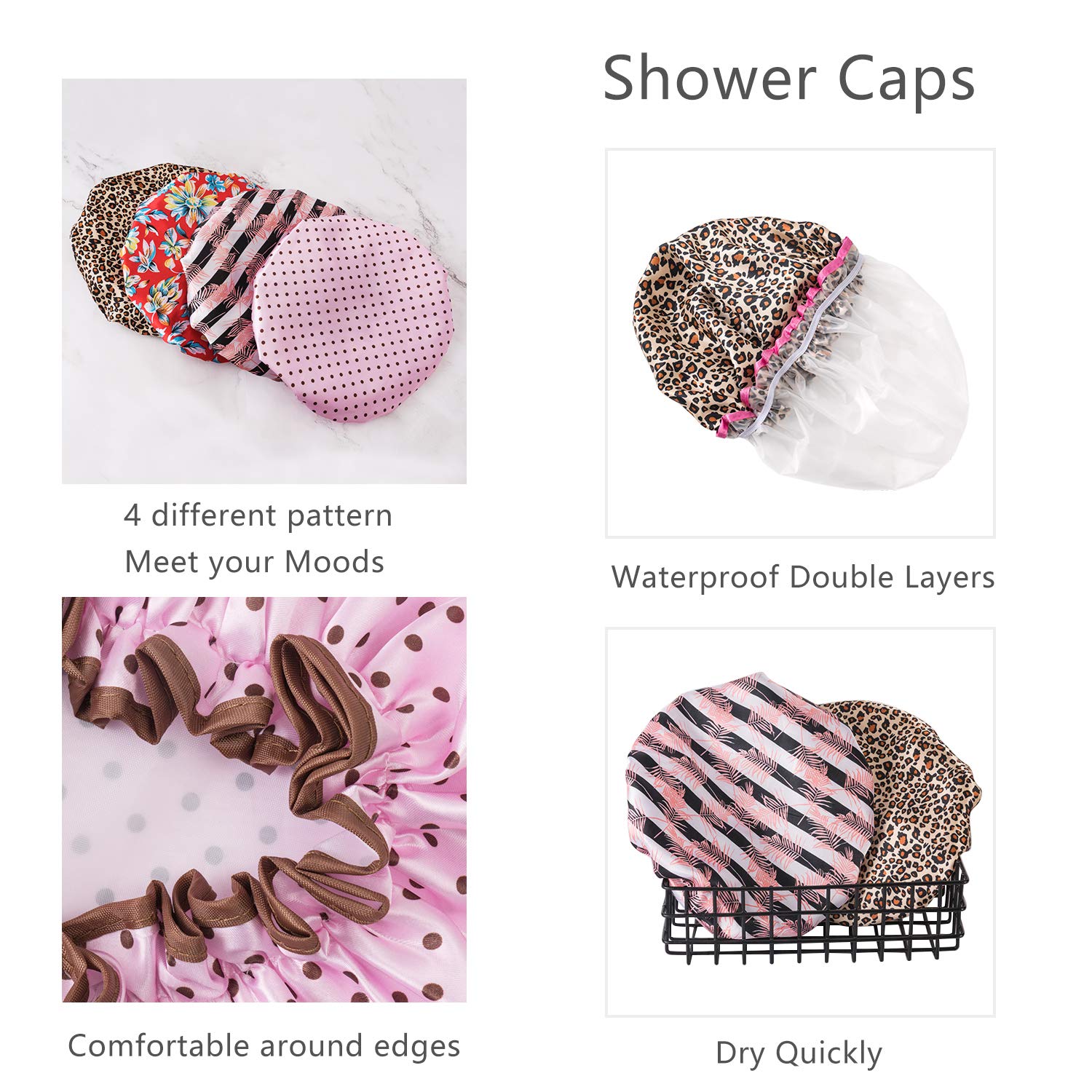 Shower Caps 4 Pack Bath Caps Perfect for Women most Hair Lengths and Thicknesses - Waterproof - Double Layer, Upgraded Version (Style 1) : Beauty
