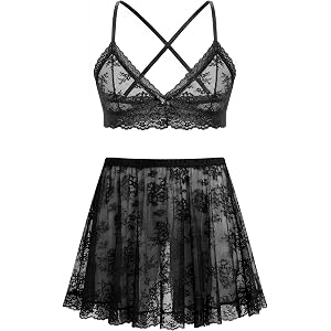 ABAFIP Men's Crossdressing Lace Lingerie set Sheer Floral See Through Bra Mini Skirt 2 Piece Nightwear