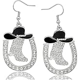Fscwlmon Bling Cowgirl Boot Horseshoe Earrings for Women Cowgirl Cowboy Rhinestone Enamel Hat Western Dangle Earrings Rodeo Cowboy Accessory for Women Country Concert Outfits Jewelry Gift