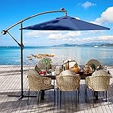 Cantilever Umbrella with Cross Base, 10 ft Shade for 2-6 People, Outdoor Offset Design with Infinite Tilt and Crank Lift, Fade-Resistant Cross Base Canopy for Deck Pool Garden Backyard,Navy Blue