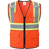 HATAUNKI Reflective Safety Vest for Men Women Hi Vis Vest with Pockets High Visibility Vest Mesh Construction Vests Meets ANSI/ISEA Standards (Orange-33, Large)