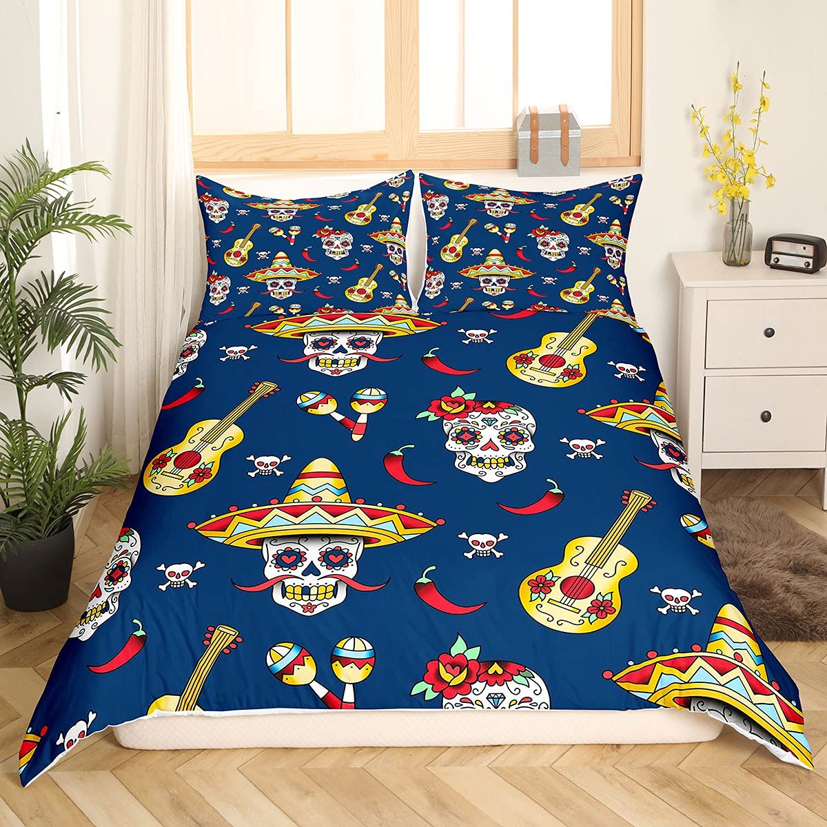 Loussiesd Sugar Skull Duvet Cover Set King for Kids Boys 3D Mexican Floral Skull Bedding Set Unique Skeleton Bones Comforter Cover Guitars Bedspread Cover with 2 Pillow Shams Quilt Cover
