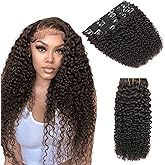 Kinky Curly Clip In Hair Extensions for Black Women 14 Inch 2# Dark Brown Curly Hair Extensions Clip In Real Human Hair 3C 4A Kinky Curly Hair Clip Ins Soft Brazilian Remy Hair Thick Ends
