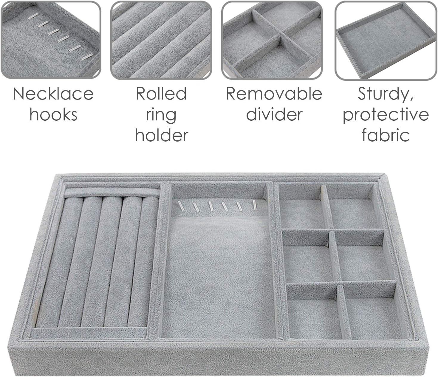 Houseables Jewelry Tray Organizer, Stackable Accessories Storage, 13.8"W x 9.5"D, 4 Pieces, Gray, Felt Earring Box, Drawer Insert, Velvet Ring Holder, Bracelet & Necklace Display, Cufflink Case: Home Improvement