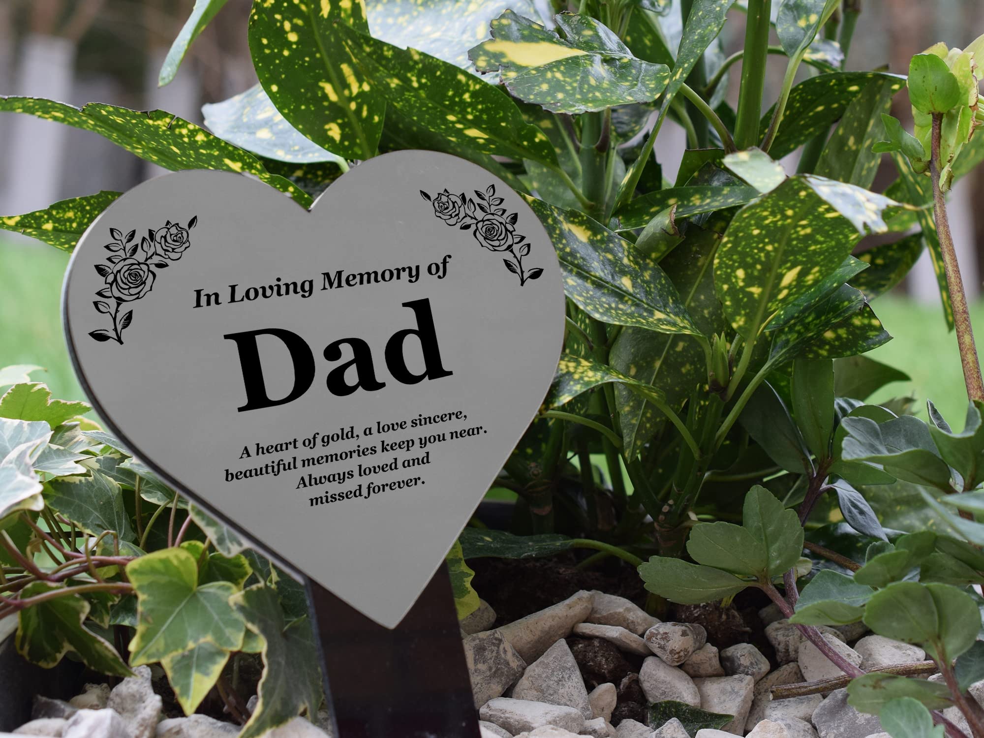 DAD Heart Memorial Remembrance Plaque Stake - Metallic SILVER/GOLD/COPPER Acrylic, Waterproof, Outdoor, Grave Marker, Tribute, Plant Marker (Silver)