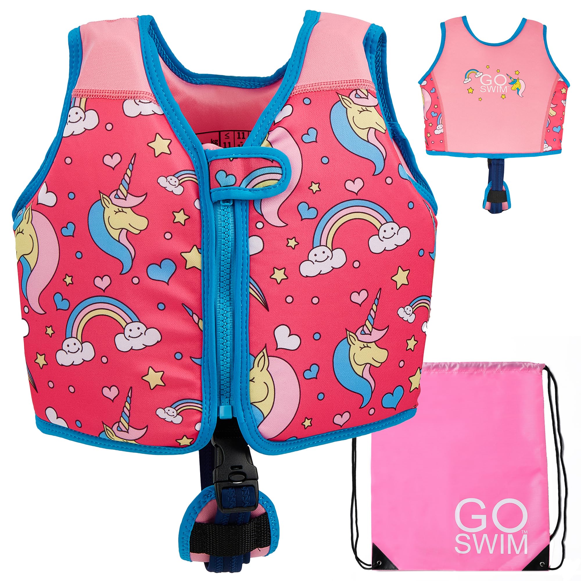 Go Swim Float Vest โ Baby, Toddler & Kids Swim Vest for 1-6 Years- Fixed Buoyancy & Safety Strap. *Includes Free Swim bag* (Magical Unicorns, 2-3 Years/15-19kgs)